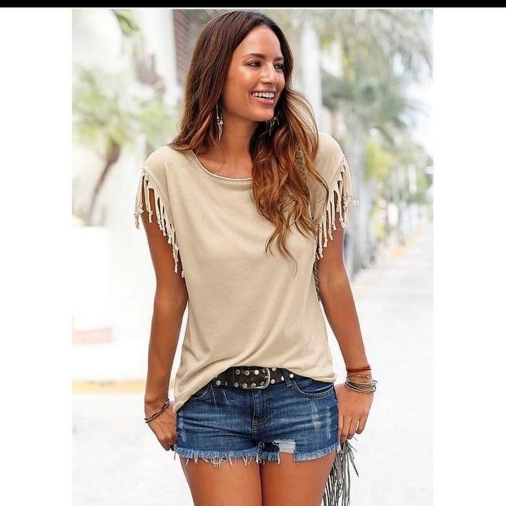 Tan Fringed sleeve top
